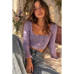 Forever 21 Women M Purple Cropped Long‎ Sleeve Top Lace Trim Square Neck Y2K